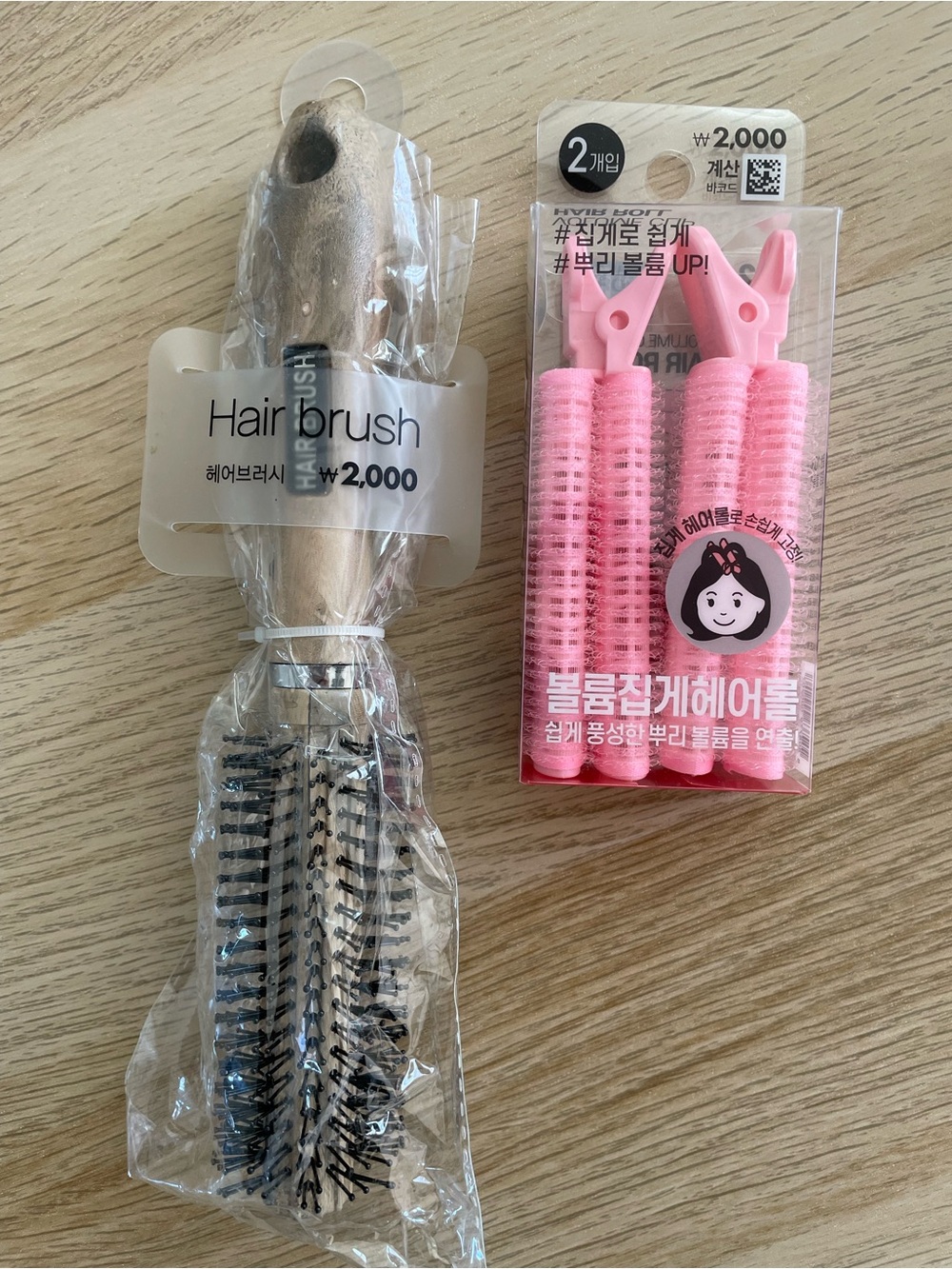 Daiso Pink Hair Rollers with Wood Round Hair Brush